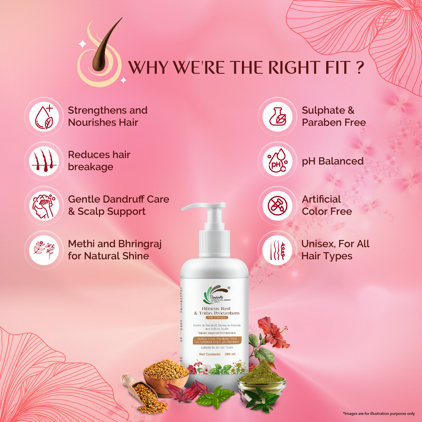 Vineroots Hibiscus, Basil & Tridax Shampoo | Sulfate & Paraben -Free | For Mild Dandruff Care, Stronger Roots & Healthy Scalp | 280ml | Get a Free Neem Comb