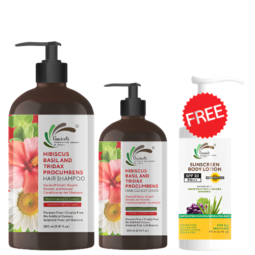 Vineroots Hibiscus, Basil & Jayanti Veda Hair Care Combo | Shampoo + Conditioner | For Mild Dandruff Care, Strength & Shine | Sulfate & Paraben-Free | 280ml + 200ml | Get Free Sunscreen Body Lotion (190ml)