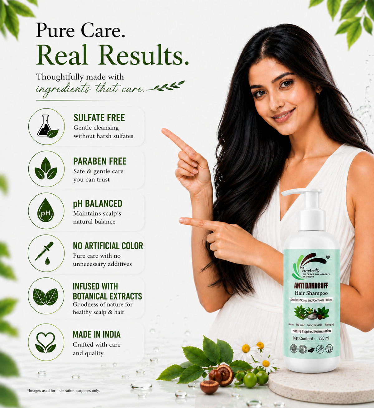 VINEROOTS Anti Dandruff Hair Shampoo | With Neem, Tea Tree and Bhringraj | Sulphate and Paraben Free | For All Hair Types | 280 ml