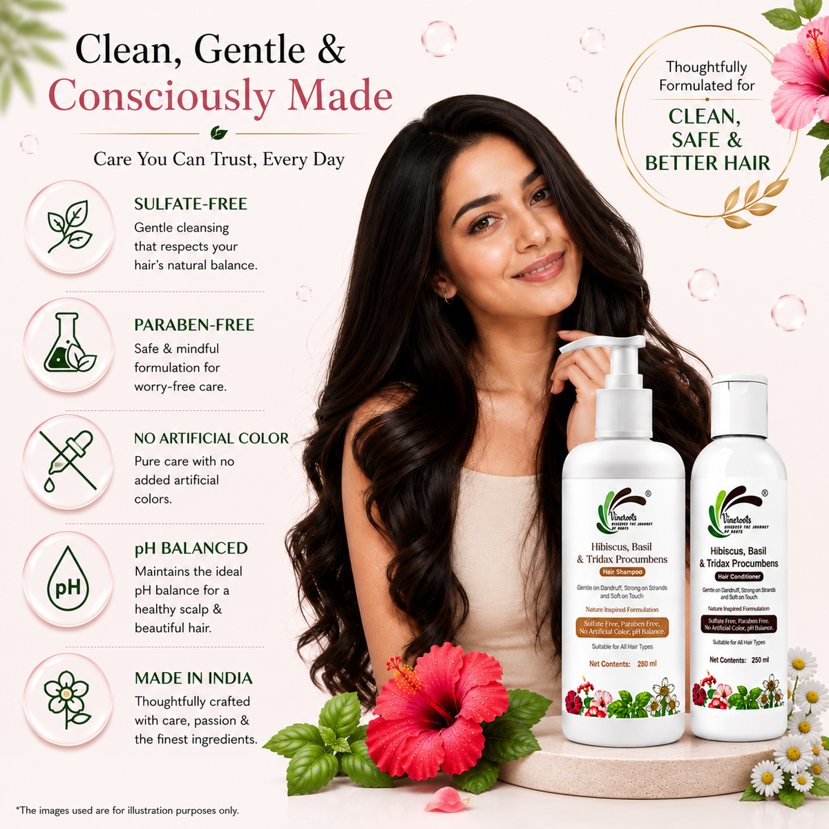 Vineroots Hibiscus, Basil &Tridax Shampoo & Conditioner Combo | For Mild Dandruff, Strength & Softness | Sulphate & Paraben-Free | For Women & Men | All Hair Types | 280ml + 250ml