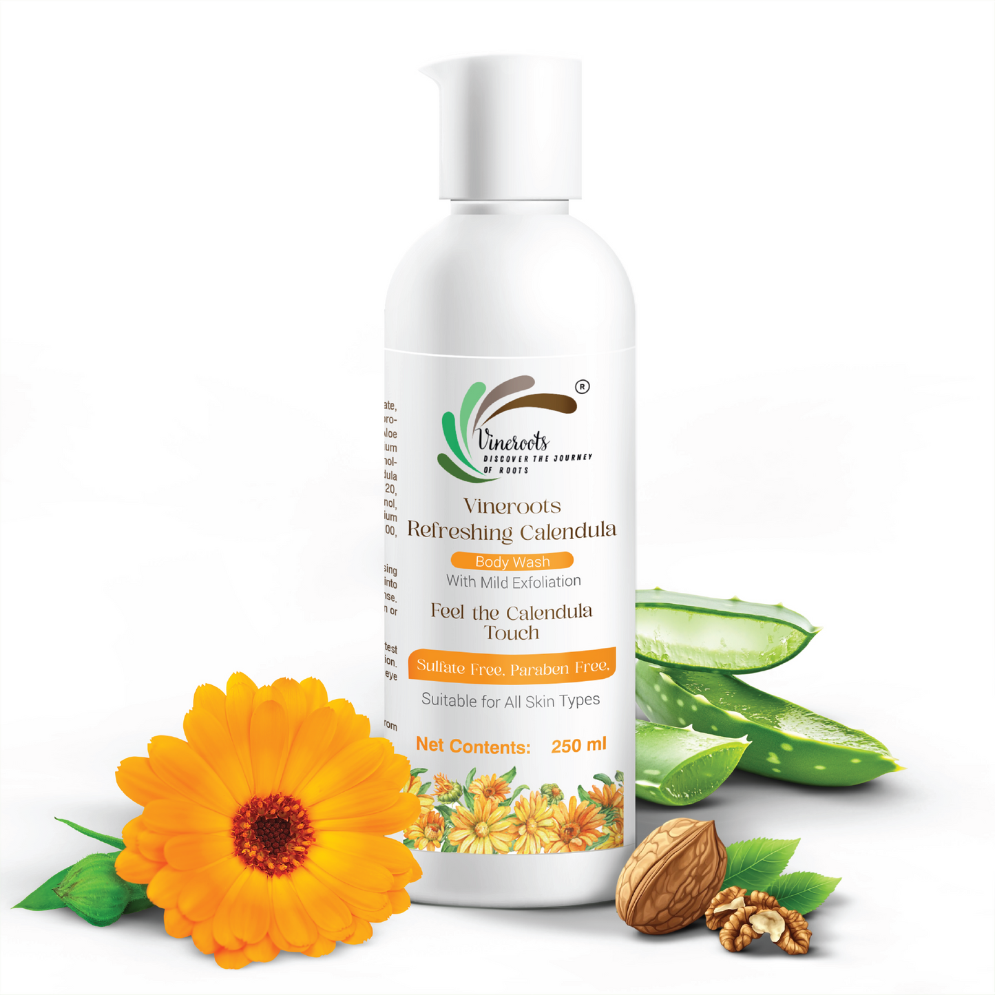 Vineroots Calendula Body Wash with Aloe Vera & Walnut Shell | Gentle Exfoliating & Hydrating Shower Gel for Smooth & Glowing Skin | Sulphate & Paraben Free | Unisex | 250ml