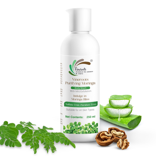 Vineroots Moringa Body Wash | Antioxidant-Rich, Exfoliating & Moisturizing Shower Gel with Aloe Vera Juice & Walnut Shell | For Smooth, Fresh & Healthy Skin | Sulfate & Paraben Free | Unisex | 250ml