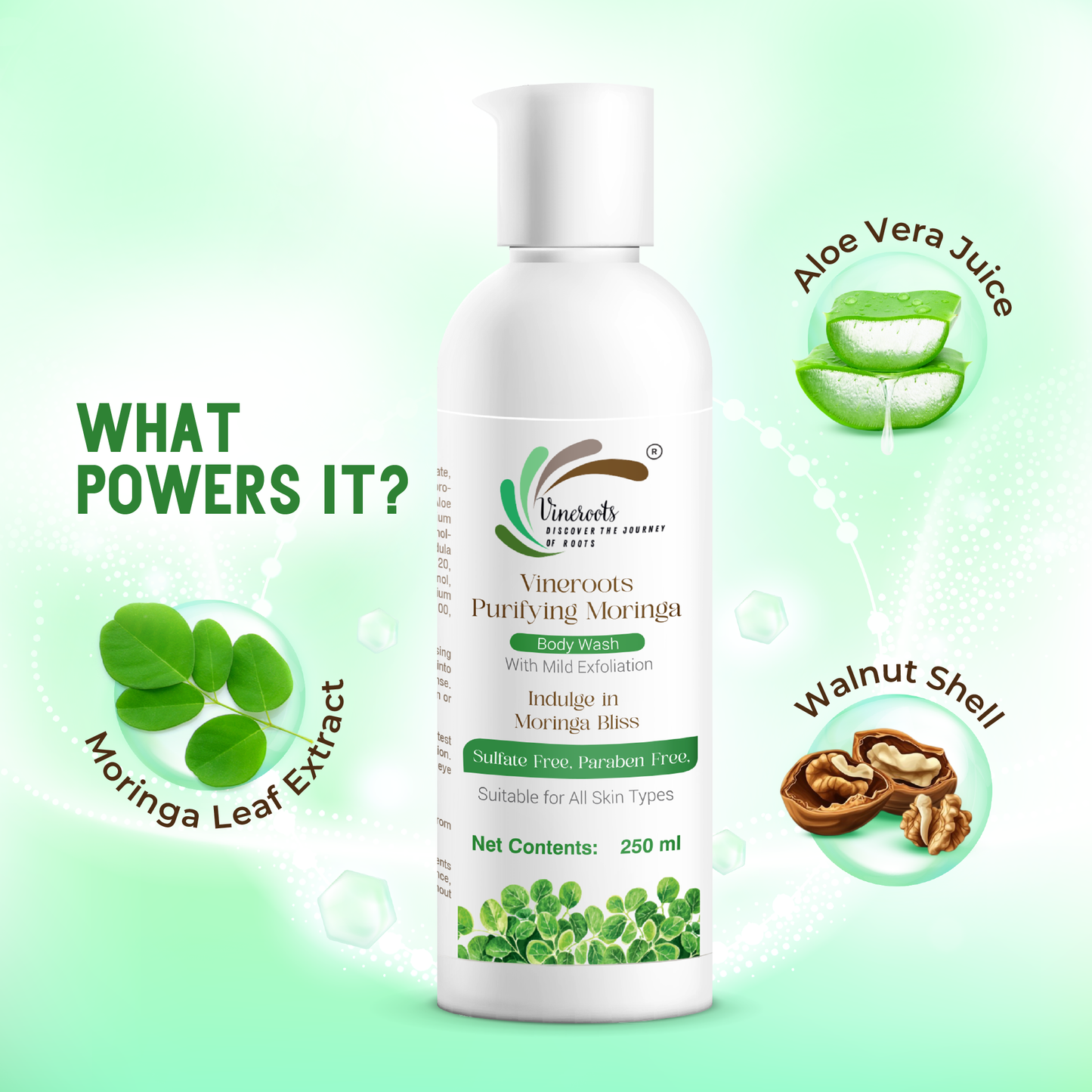Vineroots Moringa Body Wash | Antioxidant-Rich, Exfoliating & Moisturizing Shower Gel with Aloe Vera Juice & Walnut Shell | For Smooth, Fresh & Healthy Skin | Sulfate & Paraben Free | Unisex | 250ml