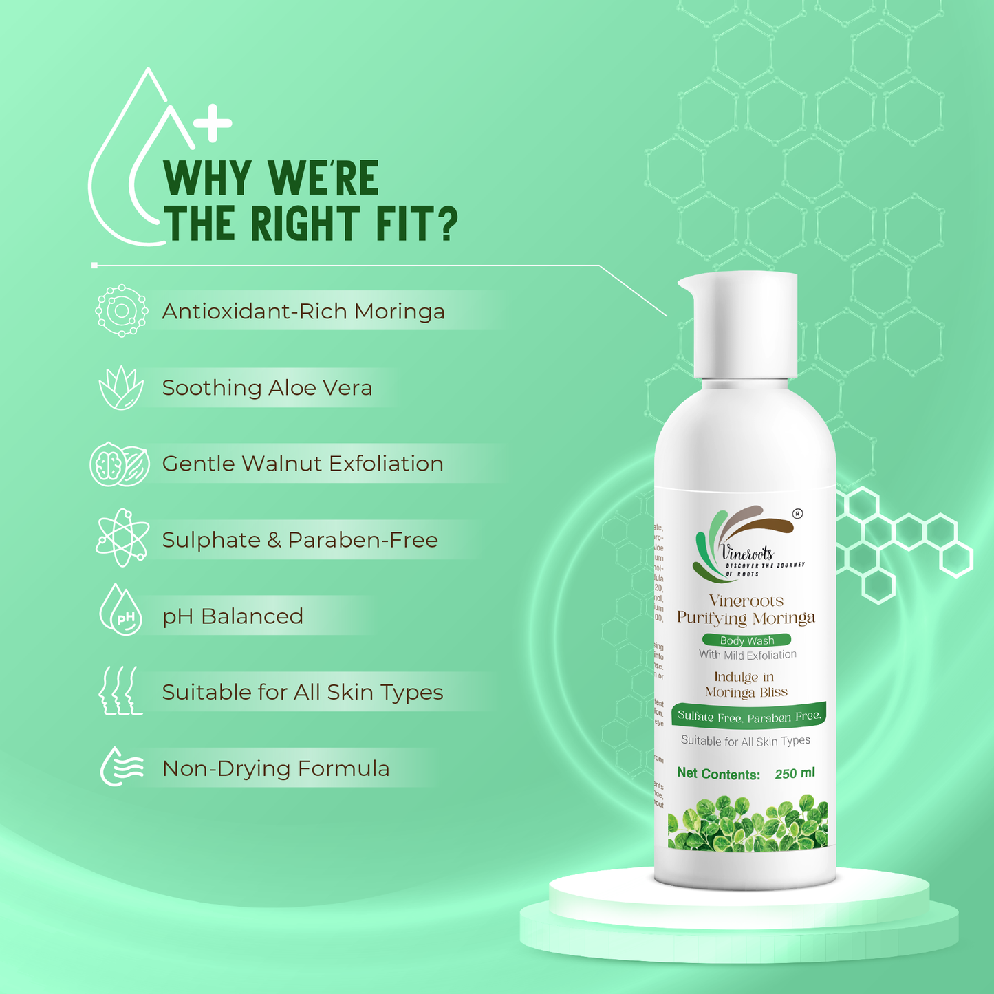 Vineroots Moringa Body Wash | Antioxidant-Rich, Exfoliating & Moisturizing Shower Gel with Aloe Vera Juice & Walnut Shell | For Smooth, Fresh & Healthy Skin | Sulfate & Paraben Free | Unisex | 250ml