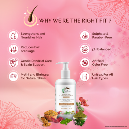 Vineroots Hibiscus, Basil & Tridax Shampoo | Sulfate & Paraben -Free | For Mild Dandruff Care, Stronger Roots & Healthy Scalp | 280ml | Get a Free Neem Comb