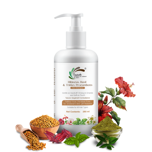 Vineroots Hibiscus, Basil & Tridax Shampoo | Sulfate & Paraben -Free | For Mild Dandruff Care, Stronger Roots & Healthy Scalp | 280ml | Get a Free Neem Comb
