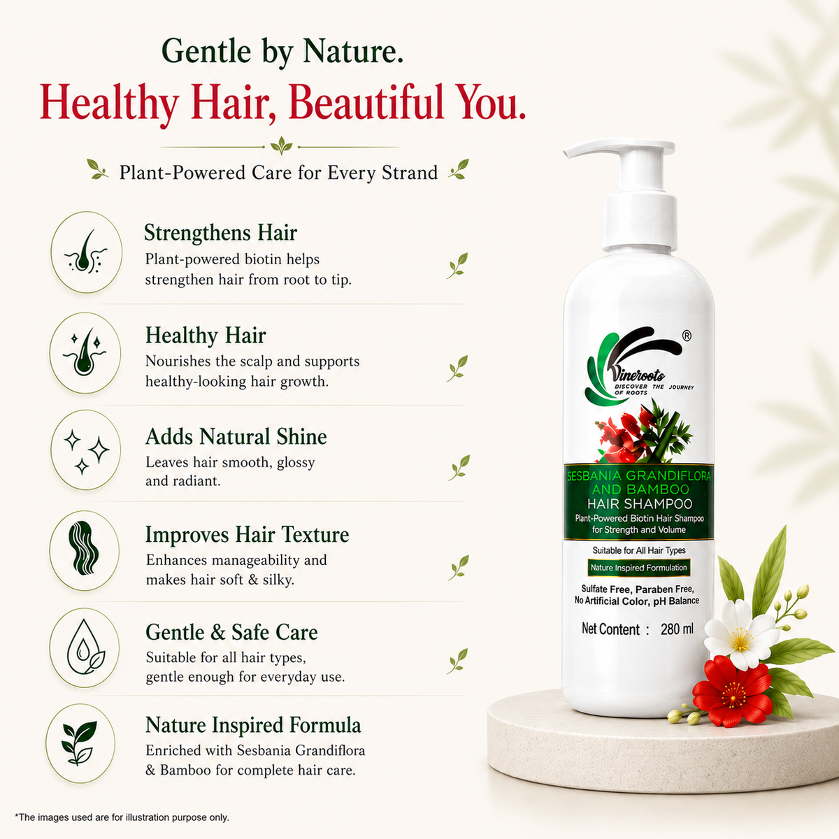 Vineroots Biotin Shampoo – Plant-Based | Sesbania & Bamboo for Strength, Volume & Nourishment | Sulphate & Paraben-Free | For Women & Men, All Hair Types | 280ml