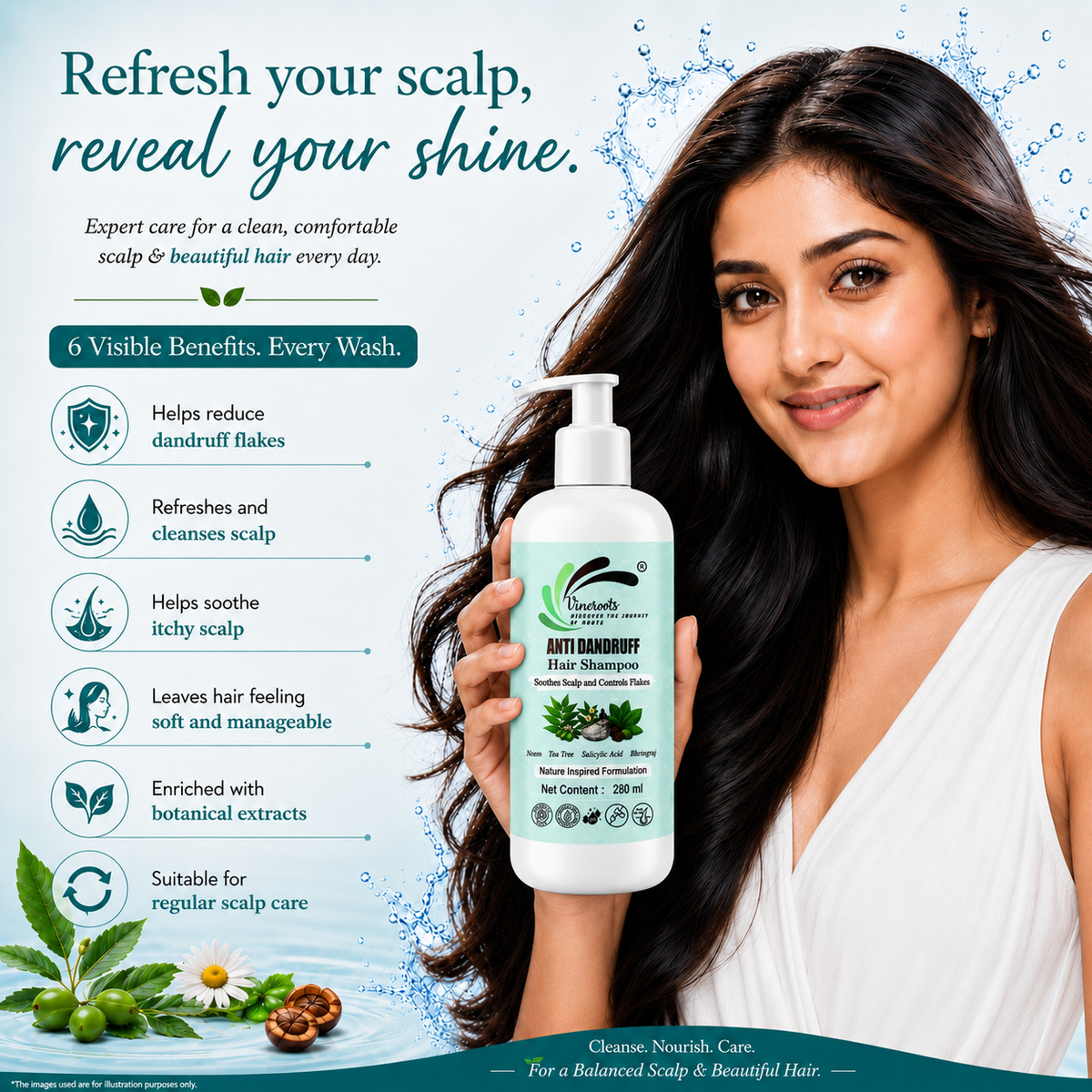 VINEROOTS Anti Dandruff Hair Shampoo | With Neem, Tea Tree and Bhringraj | Sulphate and Paraben Free |  For All Hair Types | 280 ml
