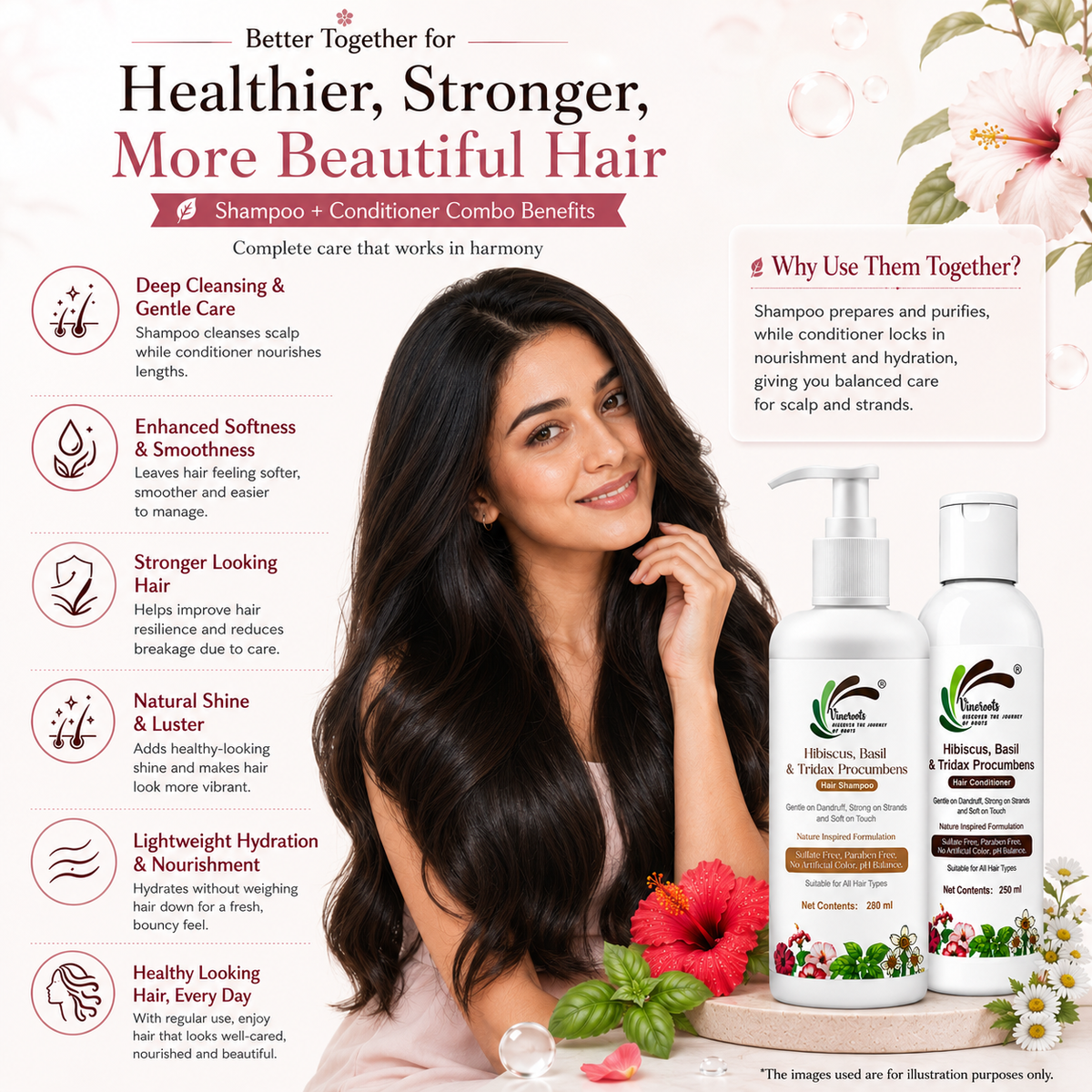 Vineroots Hibiscus, Basil &Tridax Shampoo & Conditioner Combo | For Mild Dandruff, Strength & Softness | Sulphate & Paraben-Free | For Women & Men | All Hair Types | 280ml + 250ml