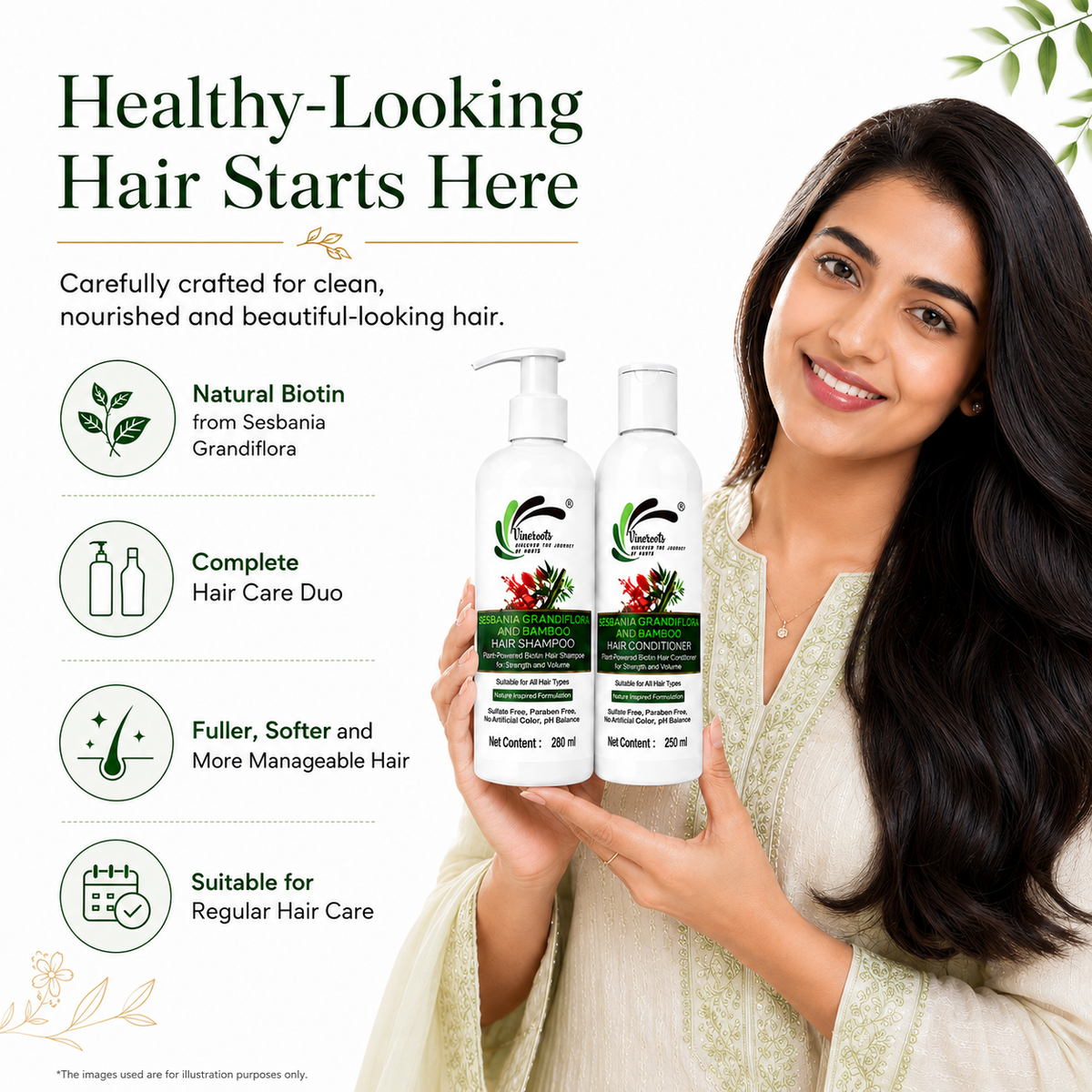 Vineroots Biotin Shampoo & Conditioner Combo - Plant Based | Sesbania & Bamboo for Strength, Volume & Damage Repair | Sulfate & Paraben-Free | For Women & Men , All Hair Types | 280ml + 250ml1