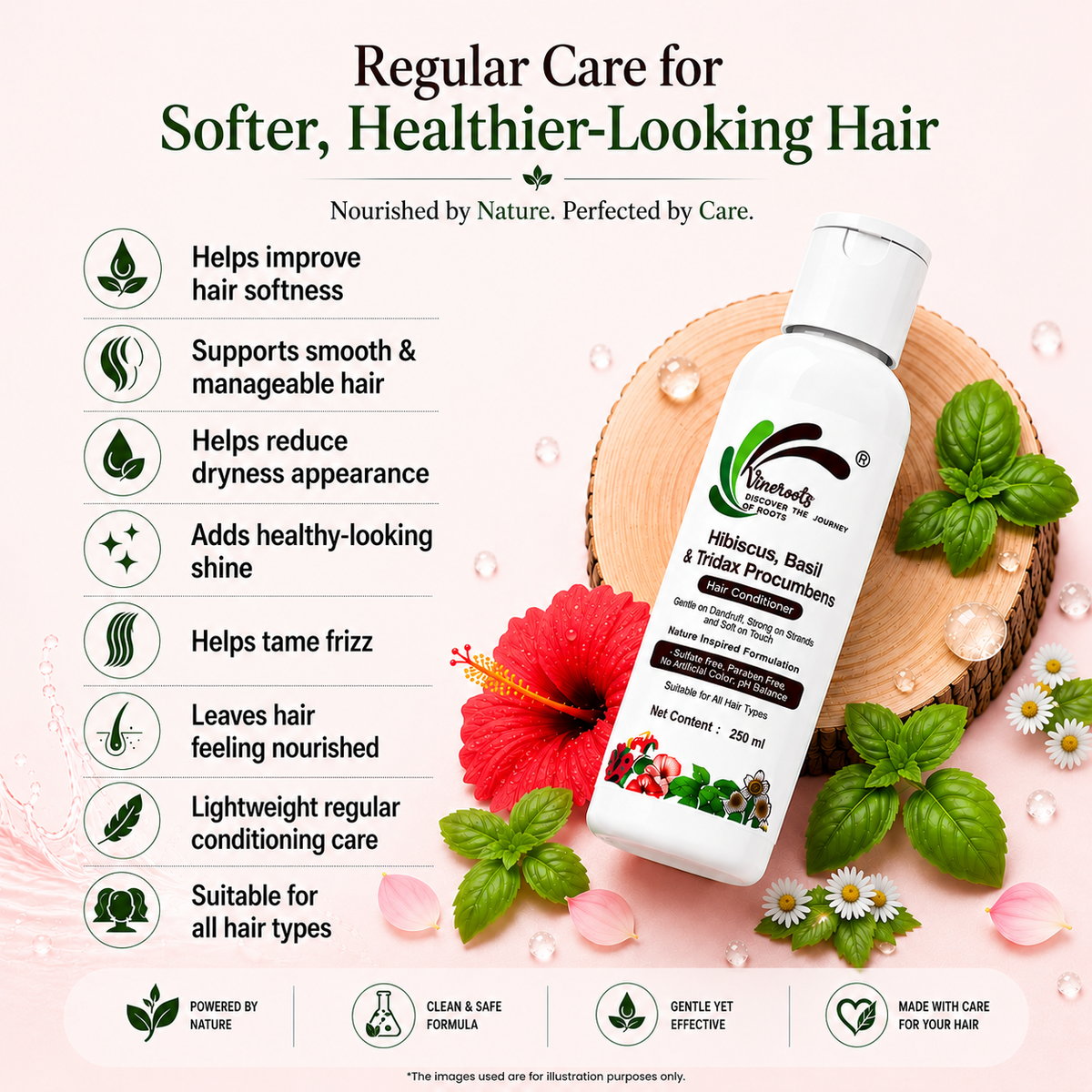 Vineroots Hibiscus, Basil & Tridax Hair Conditioner | Nourishing & Strengthening with Gentle Dandruff Care | Sulfate & Paraben-Free | For women & Men, All Hair Types | 250ml + Free Neem Comb