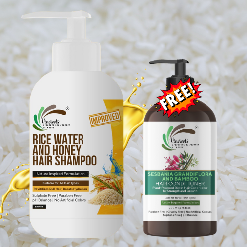 Vineroots Rice Water and Honey Shampoo | For Smoother, Shinier Hair | Sulphate & Paraben Free | For Women & Men | All Hair Types | 250 ml | Get Biotin Hair Conditioner Free