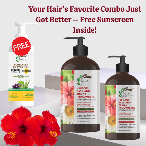 Vineroots Hibiscus, Basil &Tridax Shampoo & Conditioner Combo | For Mild Dandruff, Strength & Softness | Sulphate & Paraben-Free | For Women & Men | All Hair Types | 280ml + 200ml | Free Sunscreen Body Lotion 190 ml