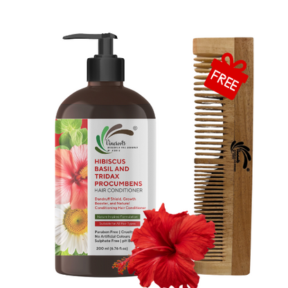 Vineroots Hibiscus, Basil & Tridax Hair Conditioner | Nourishing & Strengthening with Gentle Dandruff Care | Sulfate & Paraben-Free | For women & Men, All Hair Types | 200ml + Free Neem Comb