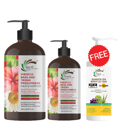 Vineroots Hibiscus, Basil & Jayanti Veda Hair Care Combo | Shampoo + Conditioner | For Mild Dandruff Care, Strength & Shine | Sulfate & Paraben-Free | 280ml + 200ml | Get Free Sunscreen Body Lotion (190ml)