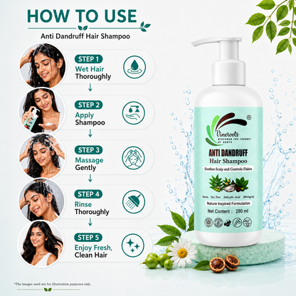 VINEROOTS Anti Dandruff Hair Shampoo | With Neem, Tea Tree and Bhringraj | Sulphate and Paraben Free |  For All Hair Types | 280 ml