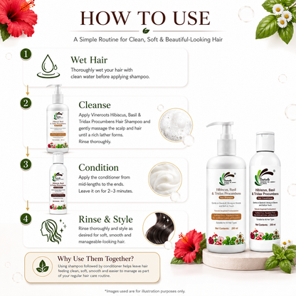 Vineroots Hibiscus, Basil &Tridax Shampoo & Conditioner Combo | For Mild Dandruff, Strength & Softness | Sulphate & Paraben-Free | For Women & Men | All Hair Types | 280ml + 250ml