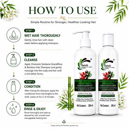 Vineroots Biotin Shampoo & Conditioner Combo - Plant Based | Sesbania & Bamboo for Strength, Volume & Damage Repair | Sulfate & Paraben-Free | For Women & Men , All Hair Types | 280ml + 250ml1