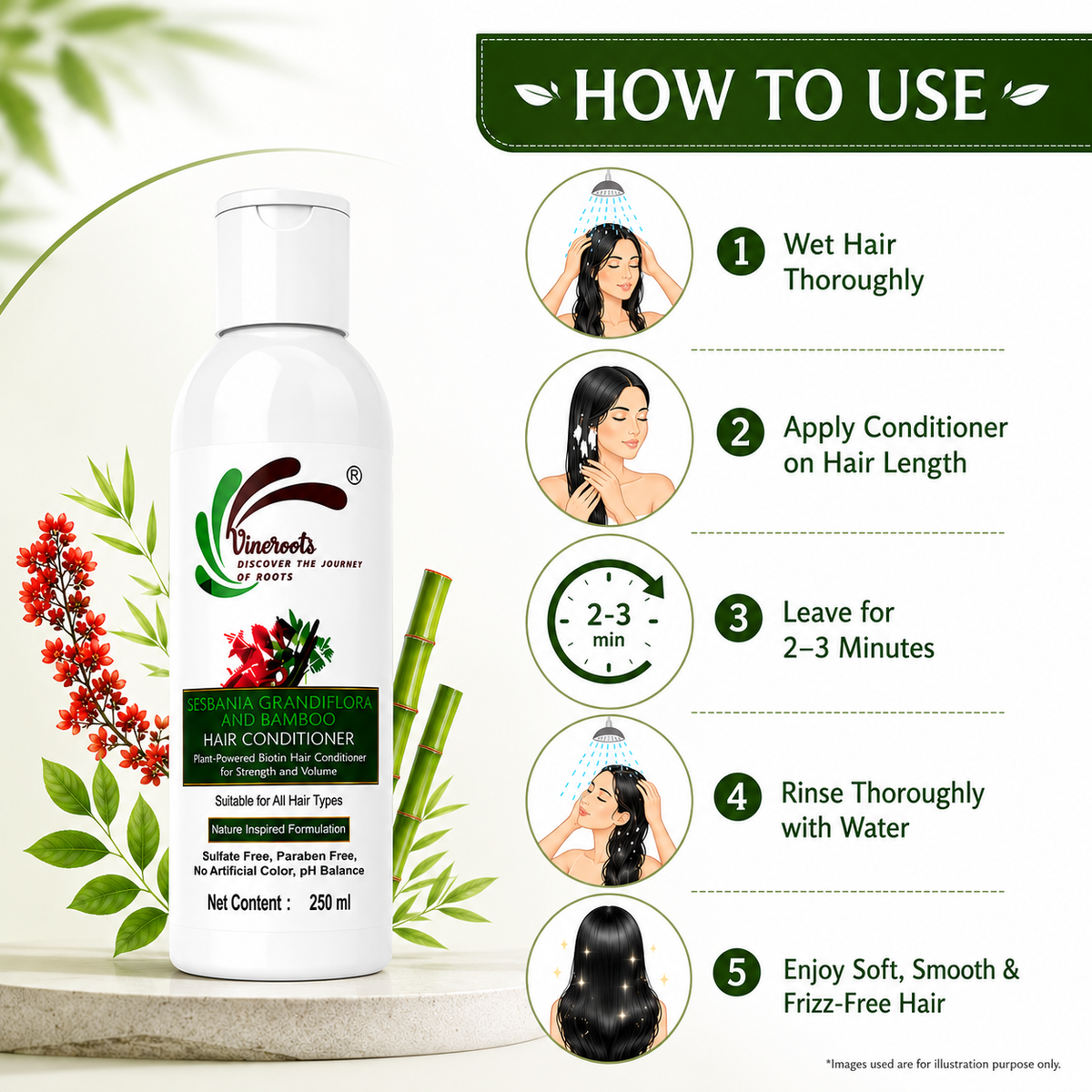 Vineroots Biotin Hair Conditioner – Plant-Based Sesbania & Bamboo | Strengthens, Nourishes & Adds Shine | Sulphate & Paraben-Free | For Men & Women, All Hair Types – 250ml | Get a Free Neem Comb