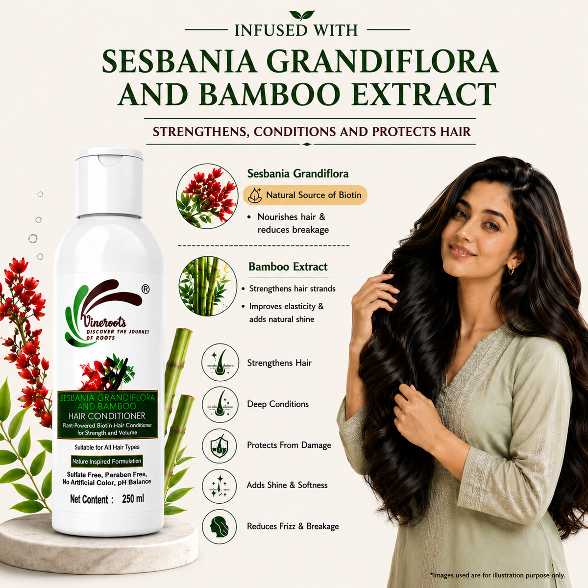 Vineroots Biotin Hair Conditioner – Plant-Based Sesbania & Bamboo | Strengthens, Nourishes & Adds Shine | Sulphate & Paraben-Free | For Men & Women, All Hair Types – 250ml | Get a Free Neem Comb