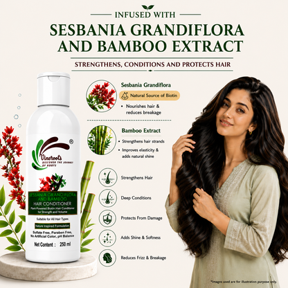 Vineroots Biotin Hair Conditioner – Plant-Based Sesbania & Bamboo | Strengthens, Nourishes & Adds Shine | Sulphate & Paraben-Free | For Men & Women, All Hair Types – 250ml | Get a Free Neem Comb