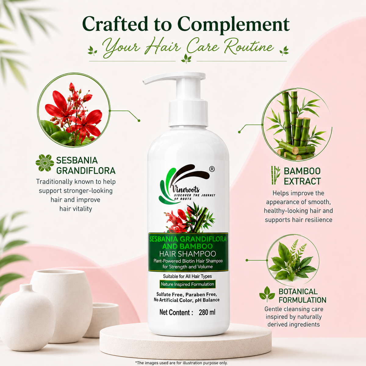 Vineroots Biotin Shampoo – Plant-Based | Sesbania & Bamboo for Strength, Volume & Nourishment | Sulphate & Paraben-Free | For Women & Men, All Hair Types | 280ml