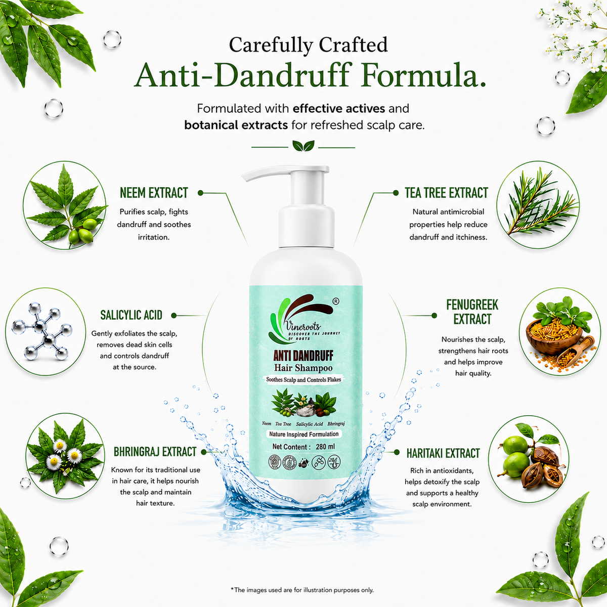 VINEROOTS Anti Dandruff Hair Shampoo | With Neem, Tea Tree and Bhringraj | Sulphate and Paraben Free |  For All Hair Types | 280 ml