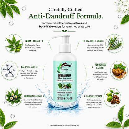 VINEROOTS Anti Dandruff Hair Shampoo | With Neem, Tea Tree and Bhringraj | Sulphate and Paraben Free |  For All Hair Types | 280 ml
