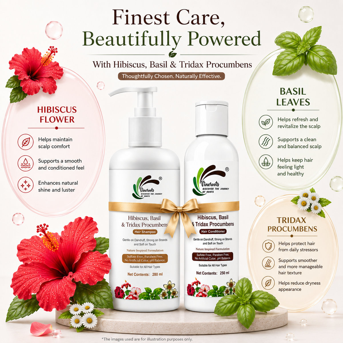 Vineroots Hibiscus, Basil &Tridax Shampoo & Conditioner Combo | For Mild Dandruff, Strength & Softness | Sulphate & Paraben-Free | For Women & Men | All Hair Types | 280ml + 250ml
