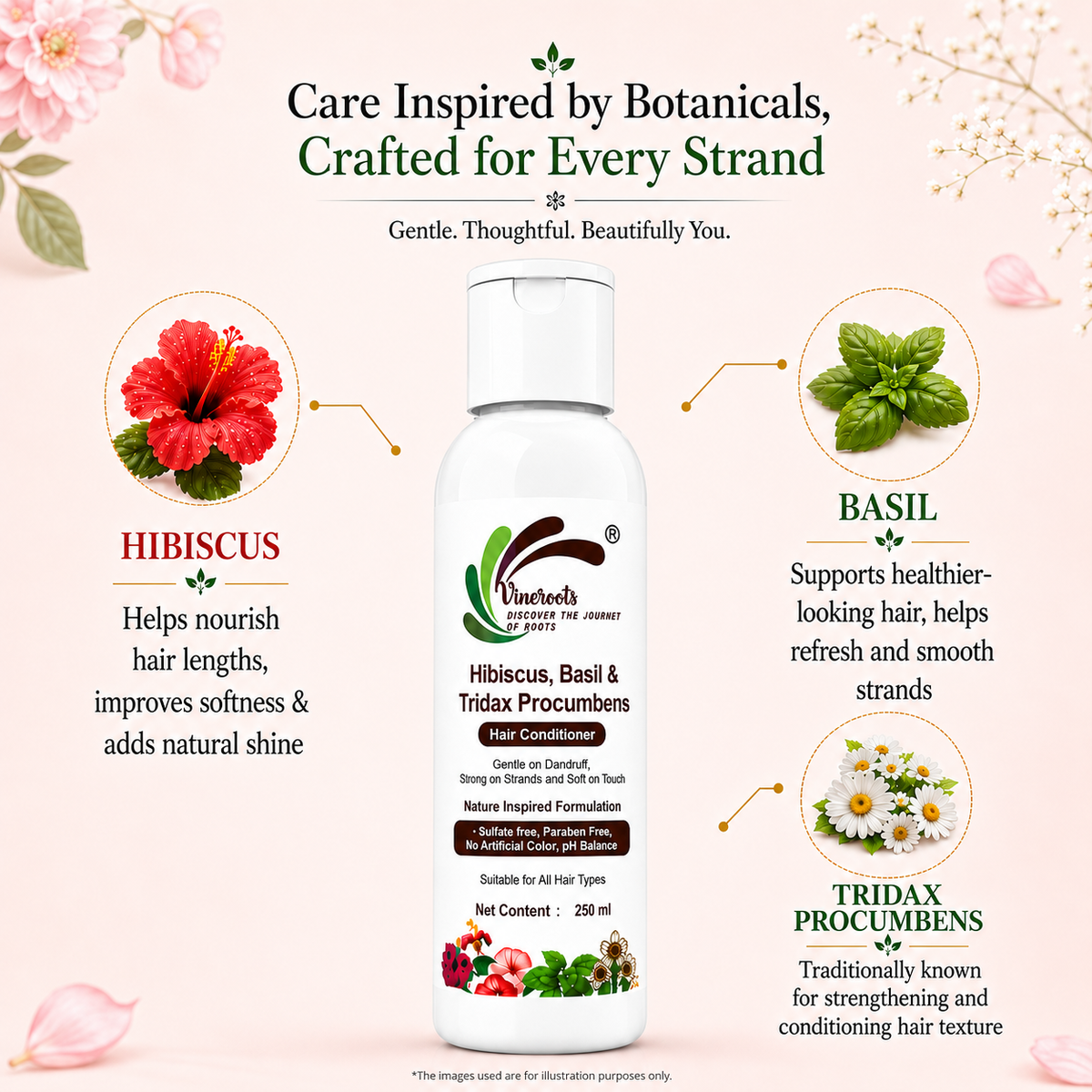 Vineroots Hibiscus, Basil & Tridax Hair Conditioner | Nourishing & Strengthening with Gentle Dandruff Care | Sulfate & Paraben-Free | For women & Men, All Hair Types | 250ml + Free Neem Comb