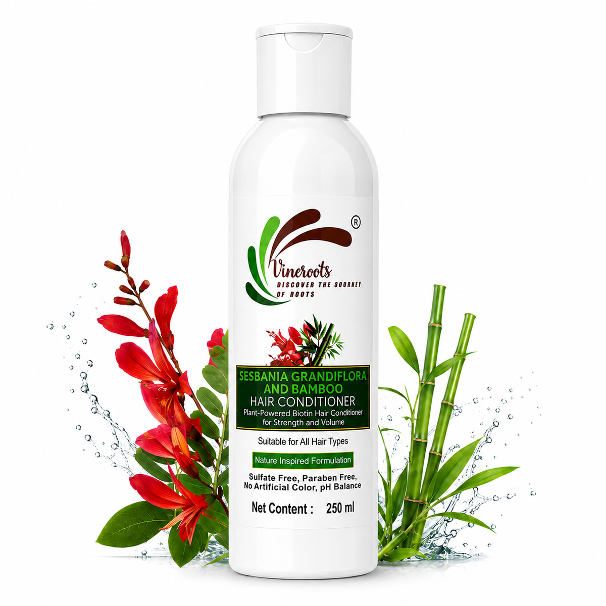 Vineroots Biotin Hair Conditioner – Plant-Based Sesbania & Bamboo | Strengthens, Nourishes & Adds Shine | Sulphate & Paraben-Free | For Men & Women, All Hair Types – 250ml | Get a Free Neem Comb