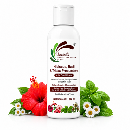 Vineroots Hibiscus, Basil & Tridax Hair Conditioner | Nourishing & Strengthening with Gentle Dandruff Care | Sulfate & Paraben-Free | For women & Men, All Hair Types | 250ml + Free Neem Comb