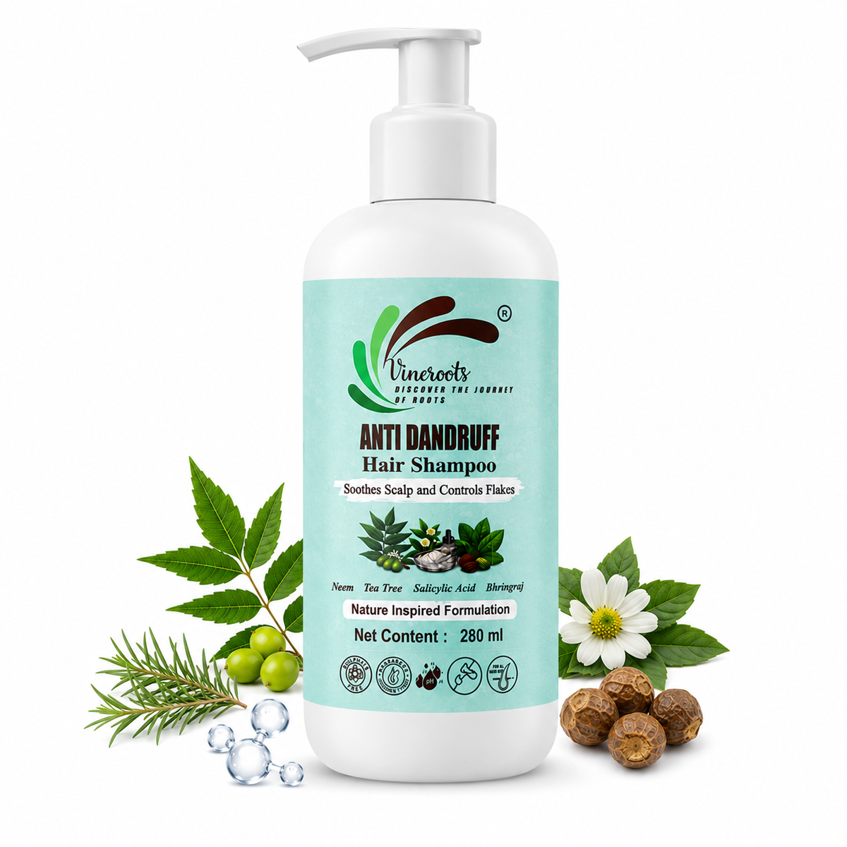 VINEROOTS Anti Dandruff Hair Shampoo | With Neem, Tea Tree and Bhringraj | Sulphate and Paraben Free |  For All Hair Types | 280 ml