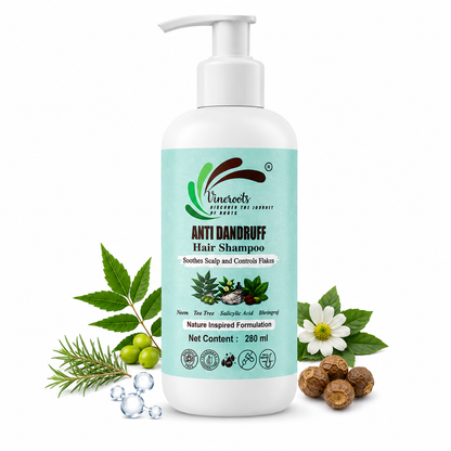 VINEROOTS Anti Dandruff Hair Shampoo | With Neem, Tea Tree and Bhringraj | Sulphate and Paraben Free |  For All Hair Types | 280 ml