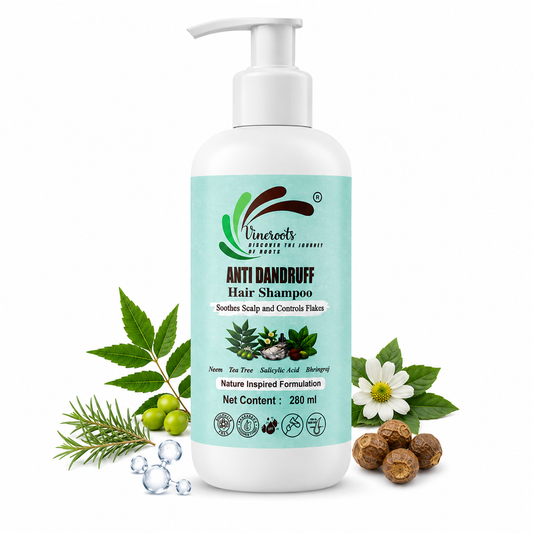 VINEROOTS Anti Dandruff Hair Shampoo | With Neem, Tea Tree and Bhringraj | Sulphate and Paraben Free |  For All Hair Types | 280 ml