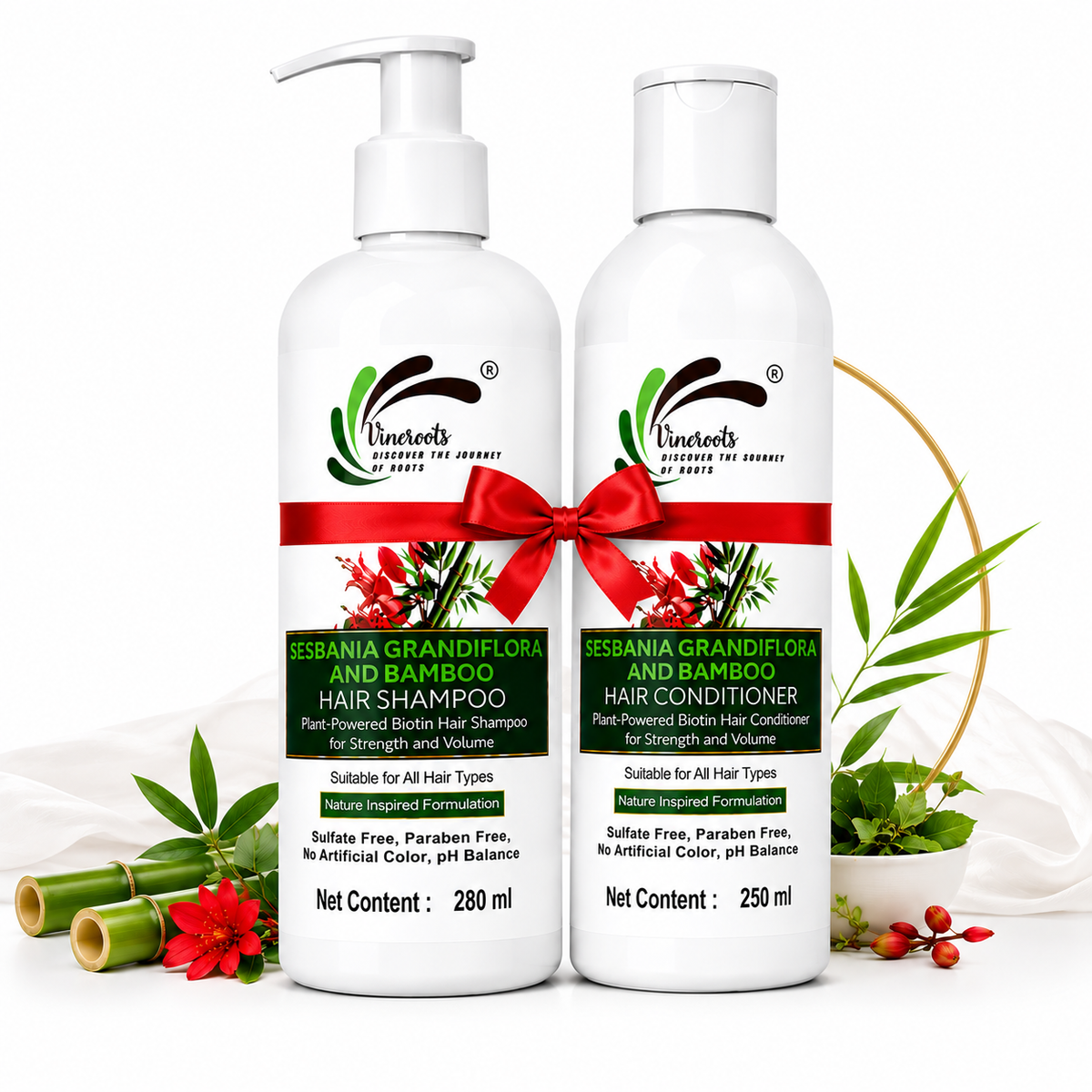 Vineroots Biotin Shampoo & Conditioner Combo - Plant Based | Sesbania & Bamboo for Strength, Volume & Damage Repair | Sulfate & Paraben-Free | For Women & Men , All Hair Types | 280ml + 250ml1