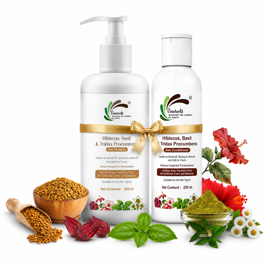 Vineroots Hibiscus, Basil &Tridax Shampoo & Conditioner Combo | For Mild Dandruff, Strength & Softness | Sulphate & Paraben-Free | For Women & Men | All Hair Types | 280ml + 250ml