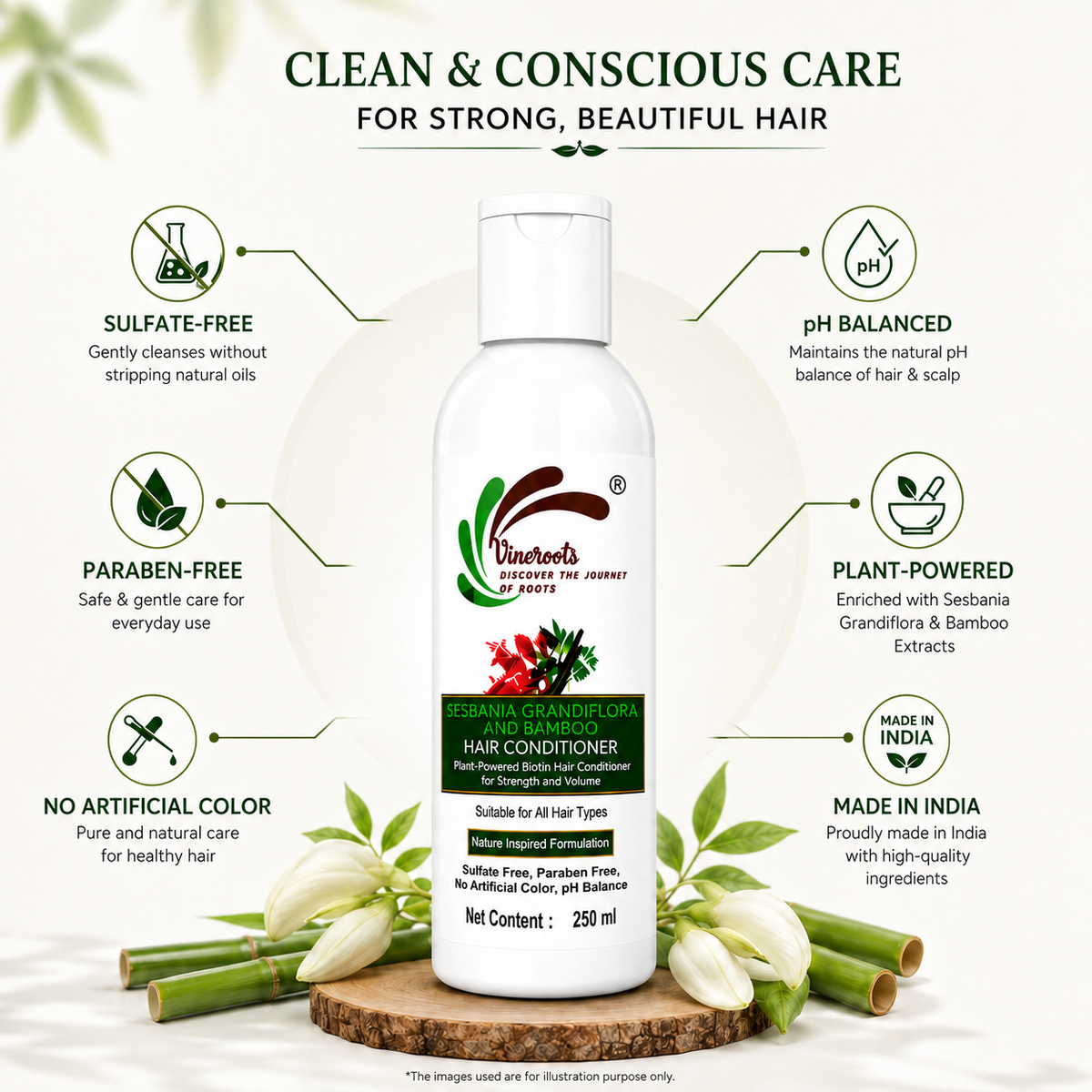 Vineroots Biotin Hair Conditioner – Plant-Based Sesbania & Bamboo | Strengthens, Nourishes & Adds Shine | Sulphate & Paraben-Free | For Men & Women, All Hair Types – 250ml | Get a Free Neem Comb