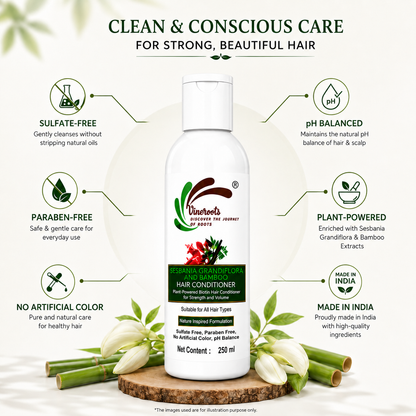 Vineroots Biotin Hair Conditioner – Plant-Based Sesbania & Bamboo | Strengthens, Nourishes & Adds Shine | Sulphate & Paraben-Free | For Men & Women, All Hair Types – 250ml | Get a Free Neem Comb