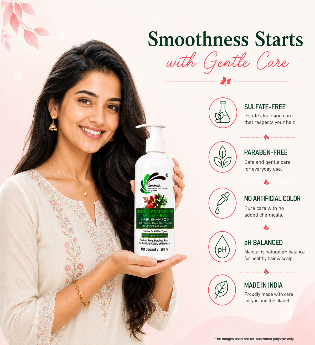 Vineroots Biotin Shampoo – Plant-Based | Sesbania & Bamboo for Strength, Volume & Nourishment | Sulphate & Paraben-Free | For Women & Men, All Hair Types | 280ml
