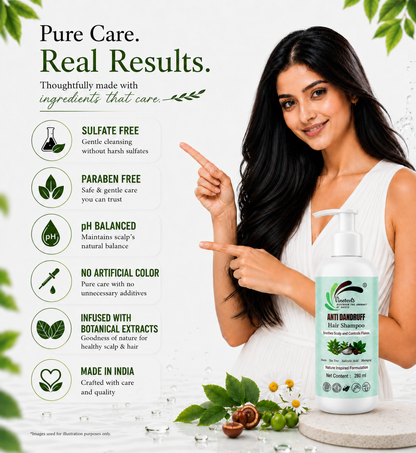 VINEROOTS Anti Dandruff Hair Shampoo | With Neem, Tea Tree and Bhringraj | Sulphate and Paraben Free |  For All Hair Types | 280 ml