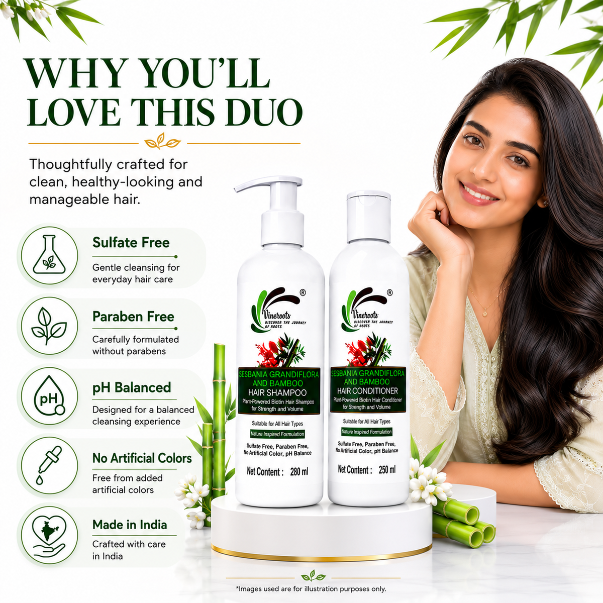 Vineroots Biotin Shampoo & Conditioner Combo - Plant Based | Sesbania & Bamboo for Strength, Volume & Damage Repair | Sulfate & Paraben-Free | For Women & Men , All Hair Types | 280ml + 250ml1