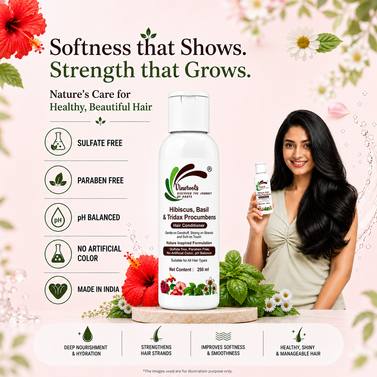 Vineroots Hibiscus, Basil & Tridax Hair Conditioner | Nourishing & Strengthening with Gentle Dandruff Care | Sulfate & Paraben-Free | For women & Men, All Hair Types | 250ml + Free Neem Comb