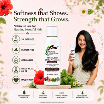 Vineroots Hibiscus, Basil & Tridax Hair Conditioner | Nourishing & Strengthening with Gentle Dandruff Care | Sulfate & Paraben-Free | For women & Men, All Hair Types | 250ml + Free Neem Comb